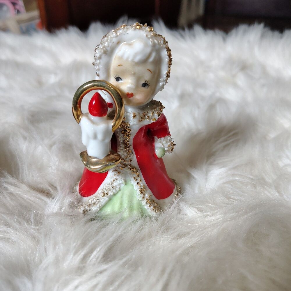 Vintage Lefton Christmas Angel Wings Spaghetti Ceramic Figurine Bell Japan MCM